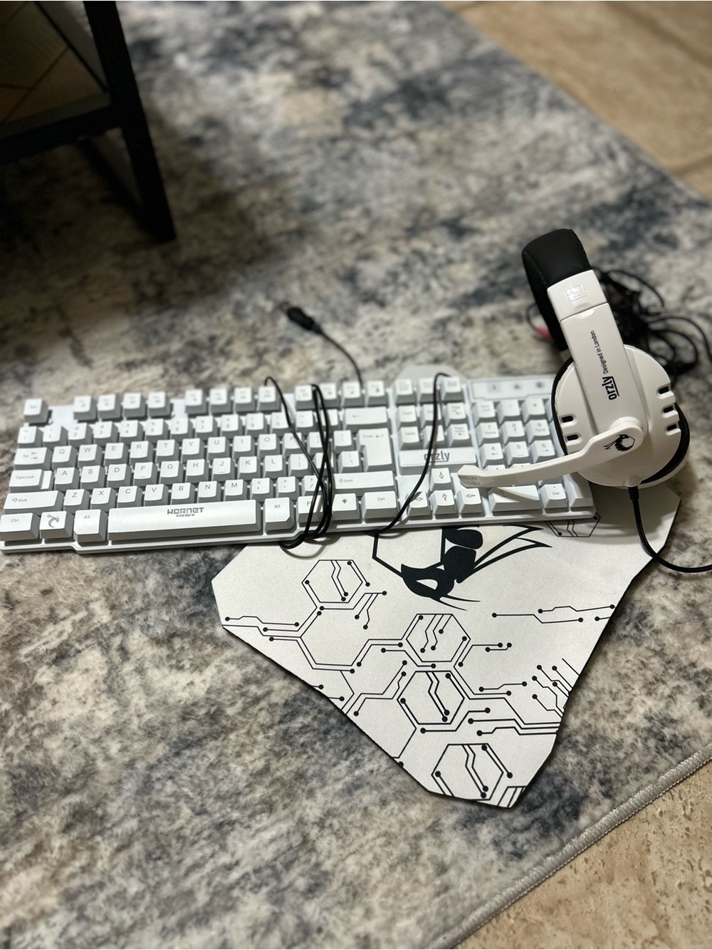 White Mechanical Keyboard with Matching White Headset and Graphic Mousepad